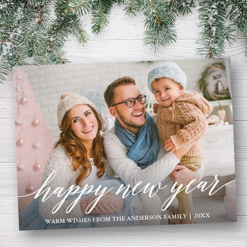 Modern Elegant Calligraphy Happy New Year Photo Postcard