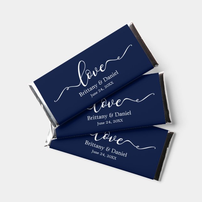 Modern Elegant Calligraphy Love Wedding Blue Hershey Bar Favors (Front)