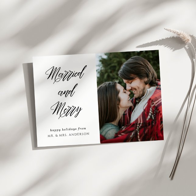 Modern Elegant Calligraphy Married and Merry Photo Postcard (Creator Uploaded)