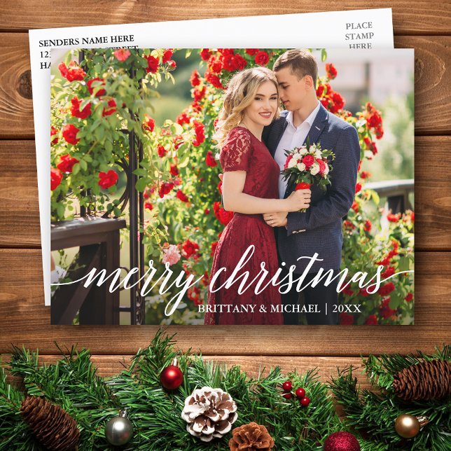 Modern Elegant Calligraphy Merry Christmas Couple Postcard (Customize to change your personalized text size or text style.)