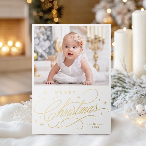 Modern Elegant Calligraphy Merry Christmas Photo Foil Holiday Card