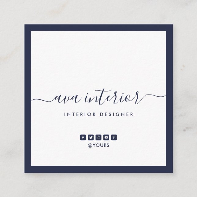 Modern Elegant Calligraphy Midnight Blue Social Square Business Card (Front)