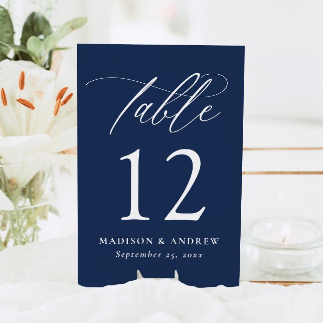 Modern Elegant Calligraphy Navy Wedding Table Number (Creator Uploaded)