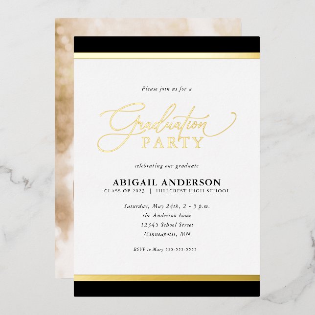 Modern Elegant Calligraphy Photo Graduation Gold Foil Invitation (Front/Back)