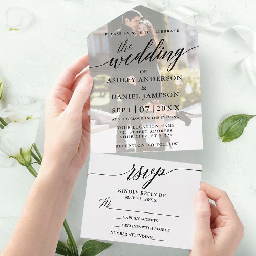 Modern Elegant Calligraphy Photo Overlay Wedding All In One Invitation