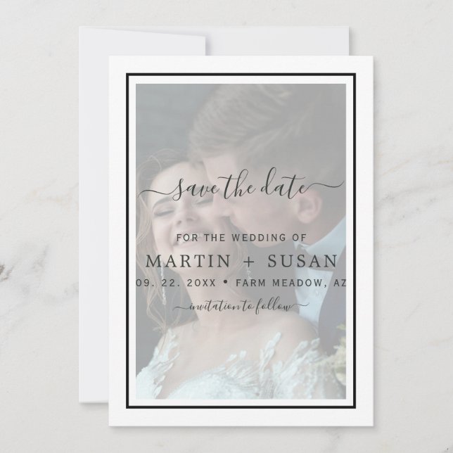 Modern Elegant Calligraphy Photo Overlay Wedding Save The Date (Front)