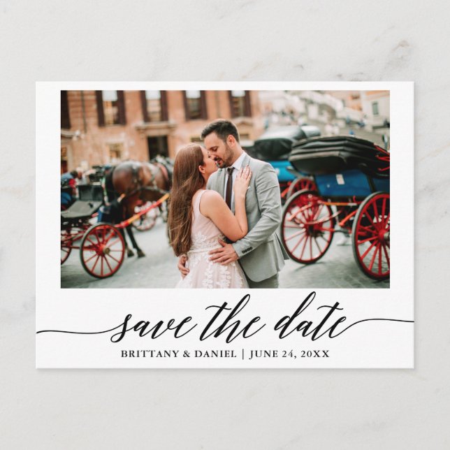 Modern Elegant Calligraphy Photo Save The Date Postcard (Front)