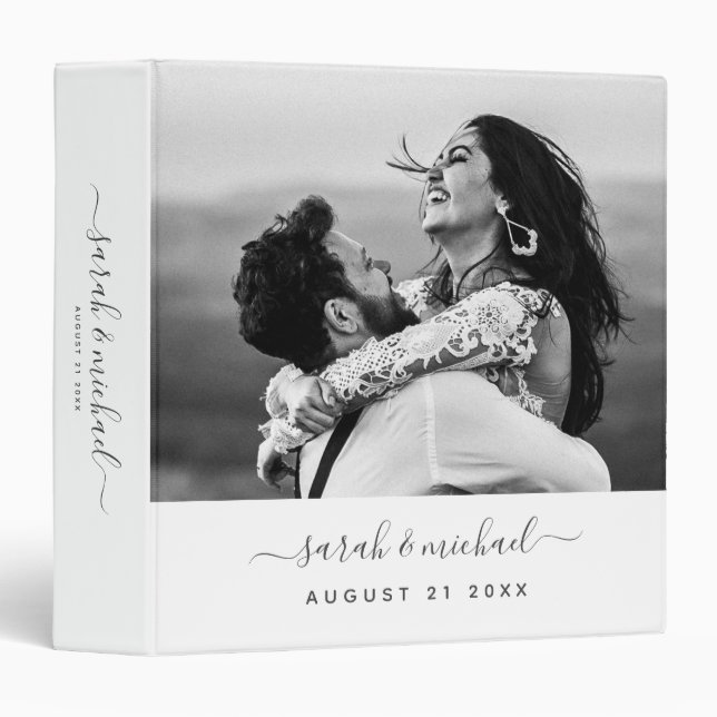 Modern Elegant Calligraphy Photo Wedding Album  3 Ring Binder (Front/Spine)