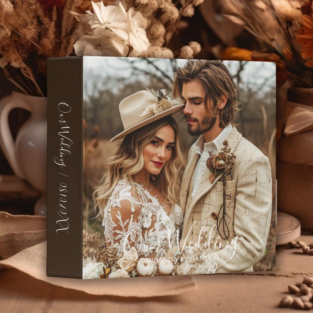 Modern Elegant Calligraphy Photo Wedding Album 3 Ring Binder (Creator Uploaded)