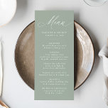 Modern Elegant Calligraphy Sage Green Wedding Menu<br><div class="desc">Elevate your wedding table settings with this stylish wedding menu, featuring "Menu" in elegant white calligraphy on a serene sage green background. Ideal for weddings of any season and perfect for both formal and casual celebrations, this modern and elegant design lets couples showcase their names, wedding date, and meal details...</div>
