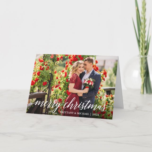 Modern Elegant Calligraphy Script Couple Fold Holiday Card (Front)