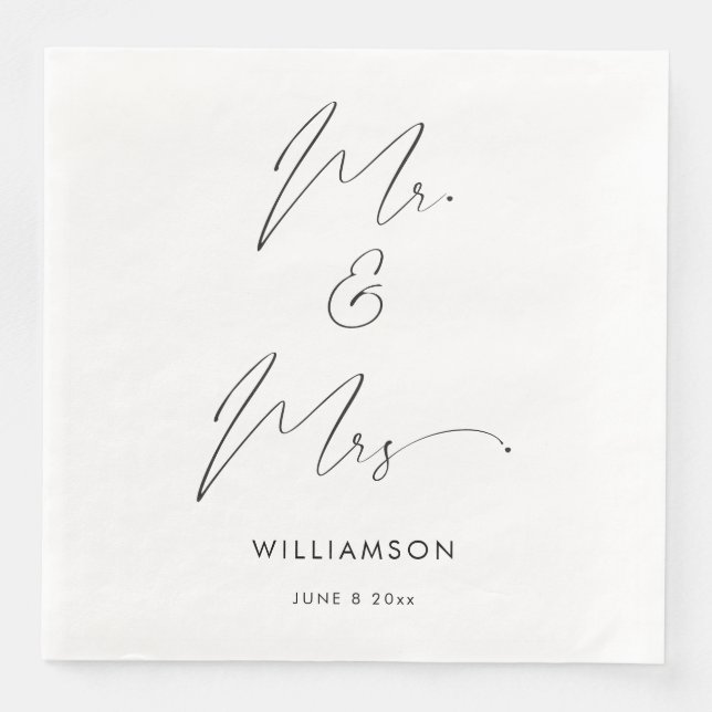 Modern Elegant Calligraphy Script Mr and Mrs  Paper Dinner Napkins (Front)