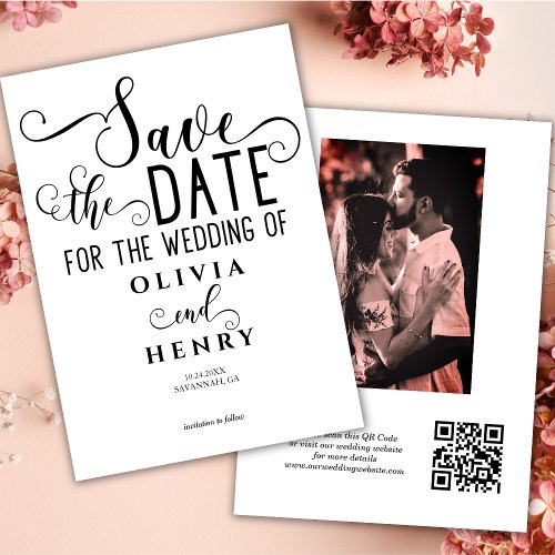 Modern Elegant Calligraphy Script Photo QR Code  Save The Date