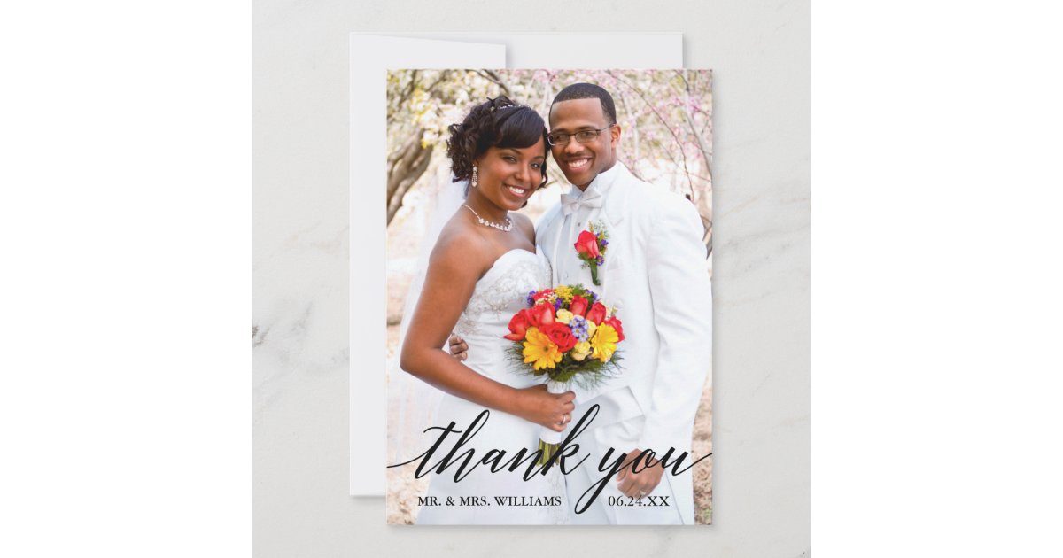 Modern Elegant Calligraphy Script Photo Wedding Thank You Card | Zazzle