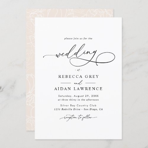 Modern Elegant Calligraphy Script Wedding Invitation - This elegant Wedding Invitation features a sweeping script calligraphy text paired with a classy serif & modern sans font in black, and dewy blush back with a floral line art pattern & a customizable monogram. Matching items available.