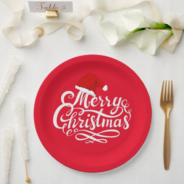 Modern elegant calligraphy text santa hat red  paper plates (Wedding)