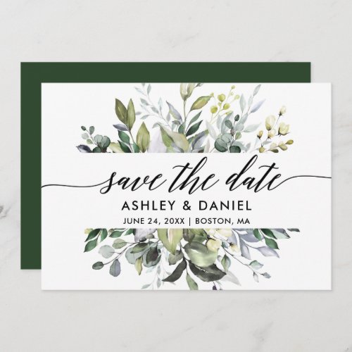 Modern Elegant Calligraphy Watercolor Greenery Save The Date