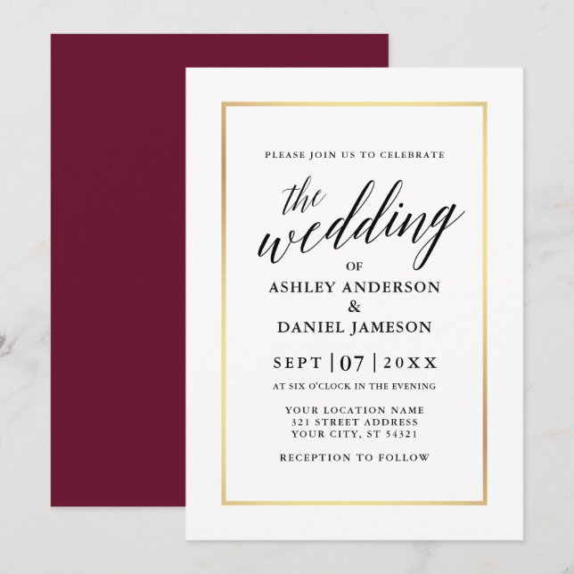 Modern Elegant Calligraphy Wedding Burgundy Gold Invitation (Front/Back)