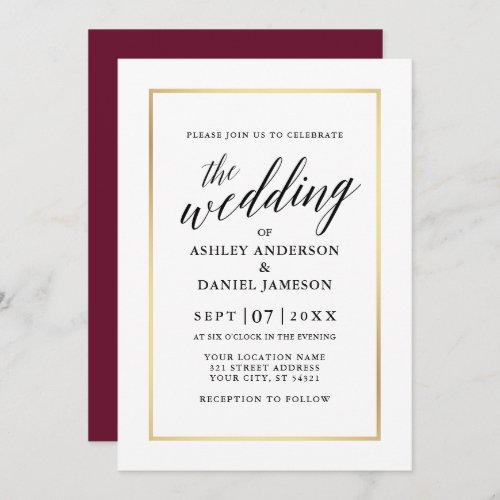 Modern Elegant Calligraphy Wedding Burgundy Gold Invitation