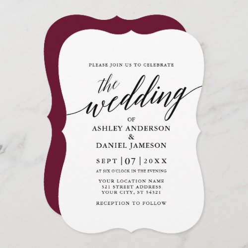 Modern Elegant Calligraphy Wedding Burgundy Invitation