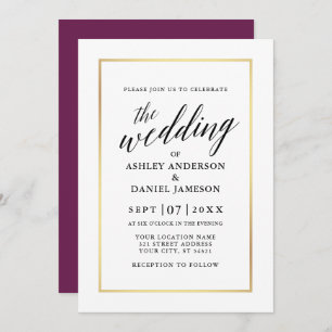 Modern Elegant Calligraphy Wedding Cassis Gold Invitation