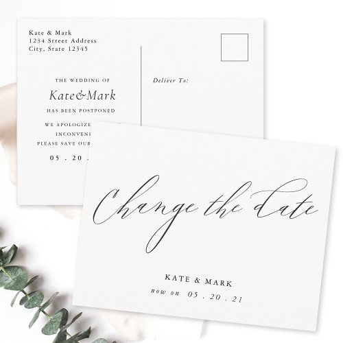 Modern Elegant Calligraphy Wedding Change the Date Postcard