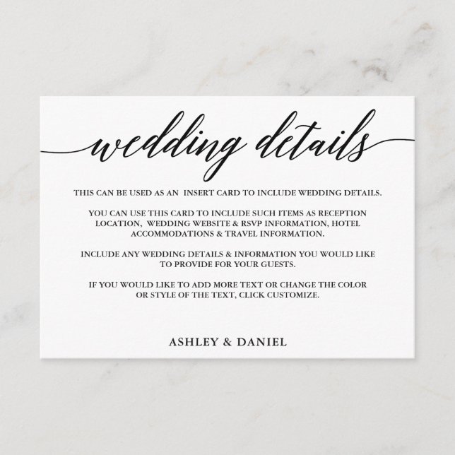 Modern Elegant Calligraphy Wedding Details Enclosure Card (Front)