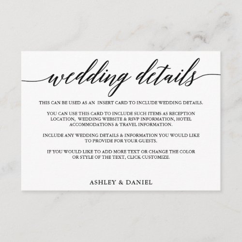 Modern Elegant Calligraphy Wedding Details Enclosure Card