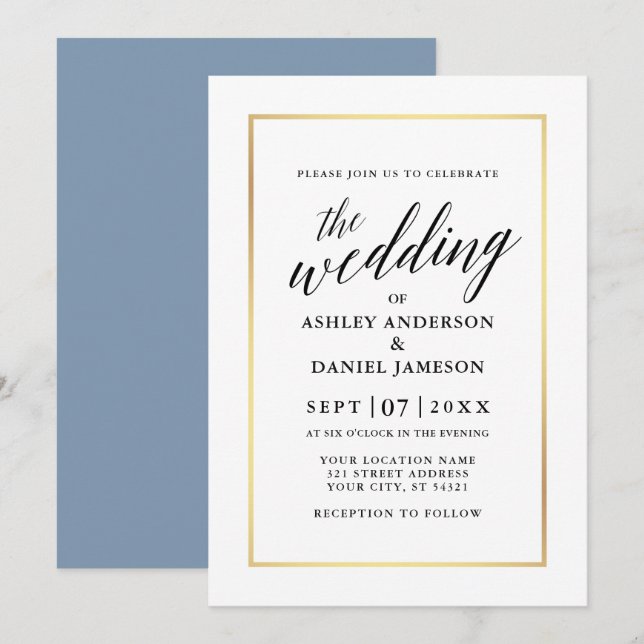 Modern Elegant Calligraphy Wedding Dusty Blue Gold Invitation (Front/Back)