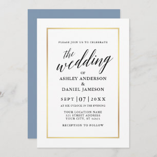 Modern Elegant Calligraphy Wedding Dusty Blue Gold Invitation
