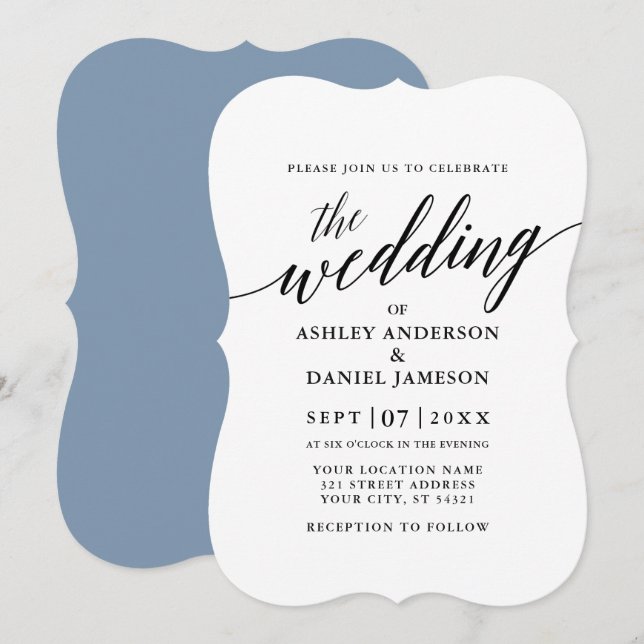Modern Elegant Calligraphy Wedding Dusty Blue Invitation (Front/Back)