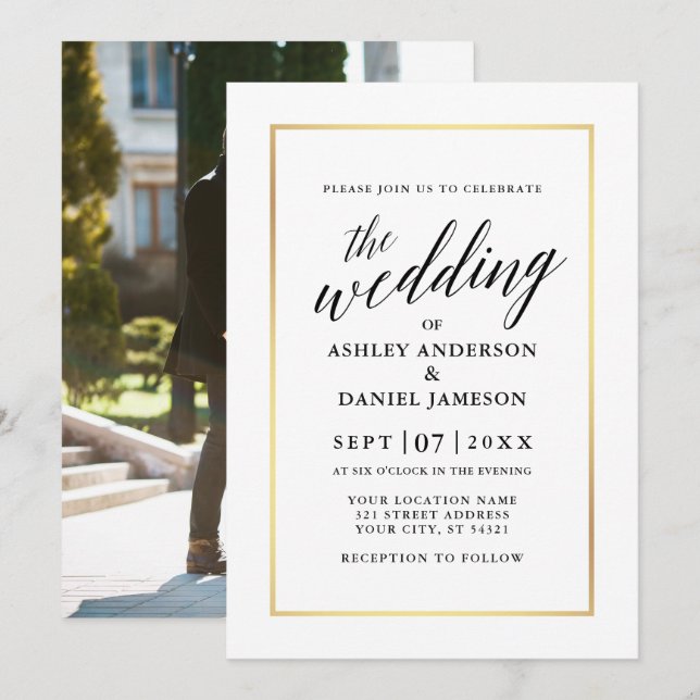 Modern Elegant Calligraphy Wedding Gold Photo Back Invitation (Front/Back)
