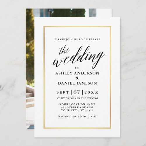 Modern Elegant Calligraphy Wedding Gold Photo Back Invitation