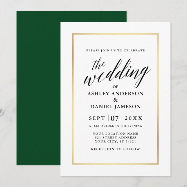 Modern Elegant Calligraphy Wedding Green Gold Invitation (Front/Back)