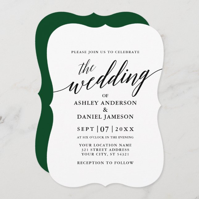 Modern Elegant Calligraphy Wedding Green Invitation (Front/Back)