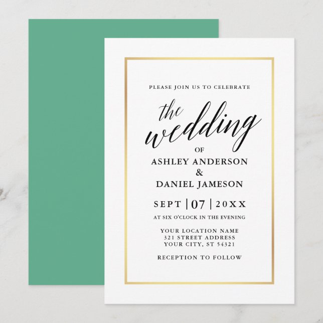 Modern Elegant Calligraphy Wedding Neo Mint Gold Invitation (Front/Back)