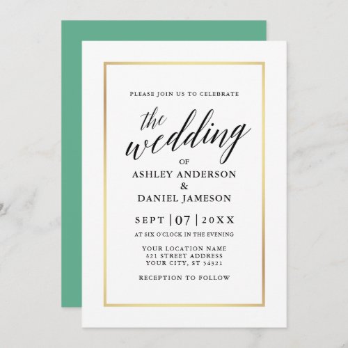 Modern Elegant Calligraphy Wedding Neo Mint Gold Invitation