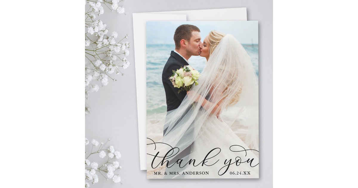 Modern Elegant Calligraphy Wedding Photo B Thank You Card | Zazzle