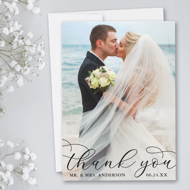 Modern Elegant Calligraphy Wedding Photo B Thank You Card | Zazzle