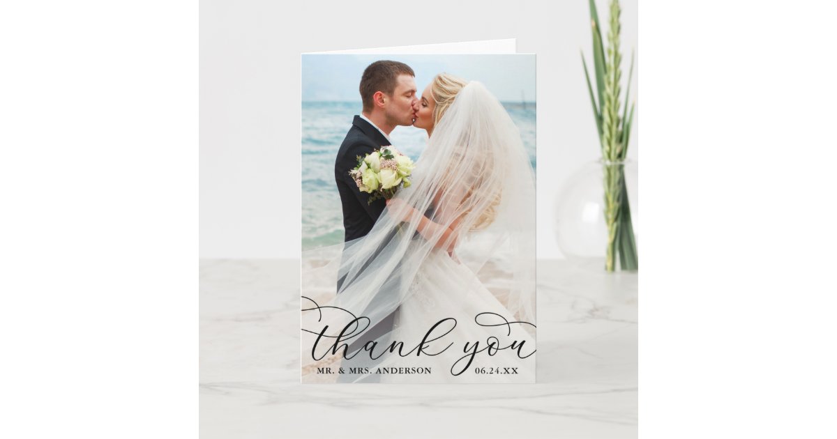 Modern Elegant Calligraphy Wedding Photo Fold B Thank You Card | Zazzle