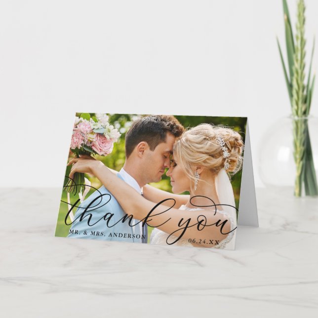 Modern Elegant Calligraphy Wedding Photo Fold Thank You Card (Front)