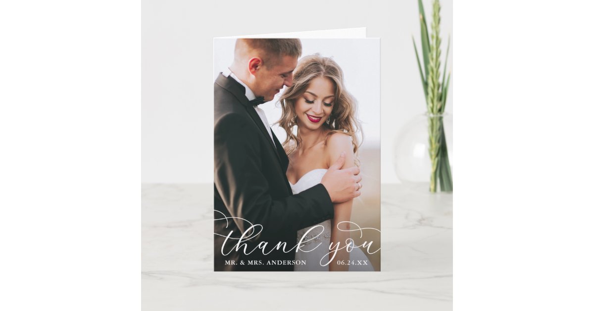 Modern Elegant Calligraphy Wedding Photo Fold W Thank You Card | Zazzle