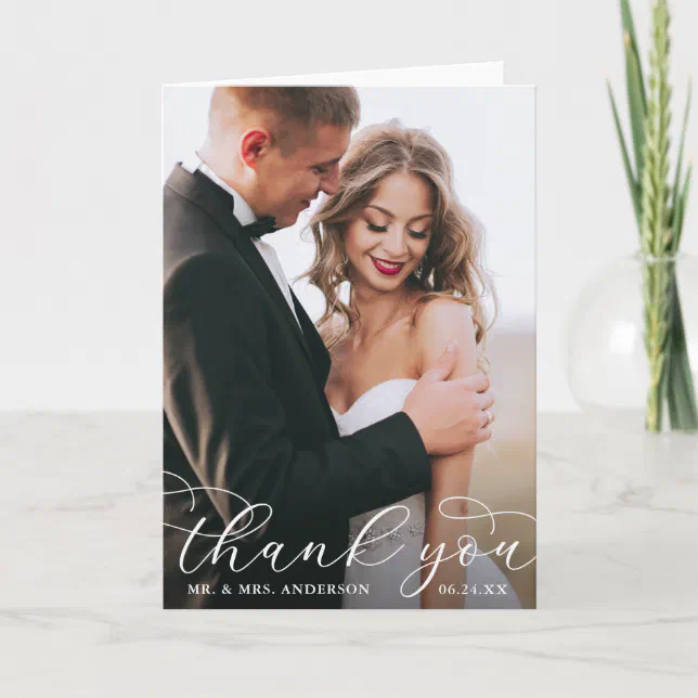 Modern Elegant Calligraphy Wedding Photo Fold W Thank You Card | Zazzle