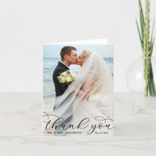 Modern Elegant Calligraphy Wedding Photo Note B Letterpress Thank You Card
