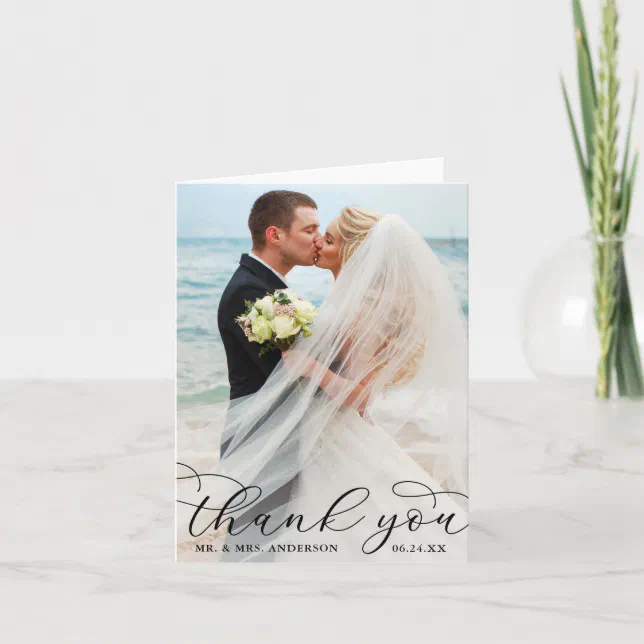 Modern Elegant Calligraphy Wedding Photo Note B Thank You Card | Zazzle