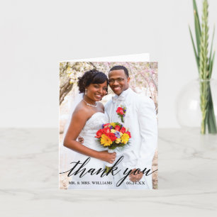 Modern Elegant Calligraphy Wedding Photo Note Letterpress Thank You Card