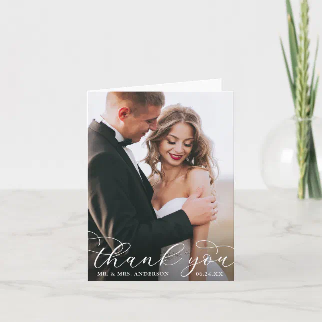 Modern Elegant Calligraphy Wedding Photo Note W Thank You Card | Zazzle