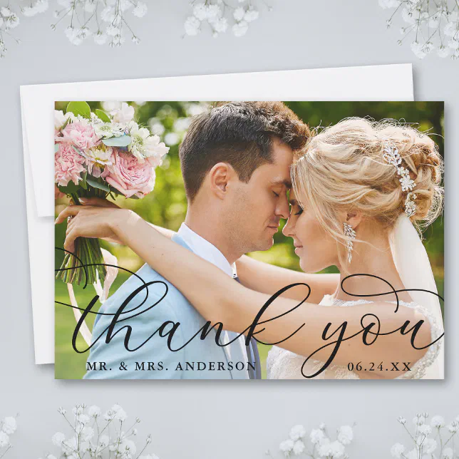 Modern Elegant Calligraphy Wedding Photo Thank You Card | Zazzle