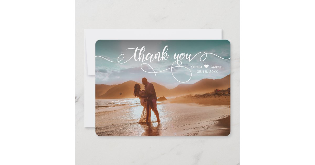 Modern Elegant Calligraphy Wedding Photo Thank You Card | Zazzle