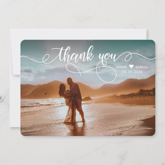Modern Elegant Calligraphy Wedding Photo Thank You Card (Front)